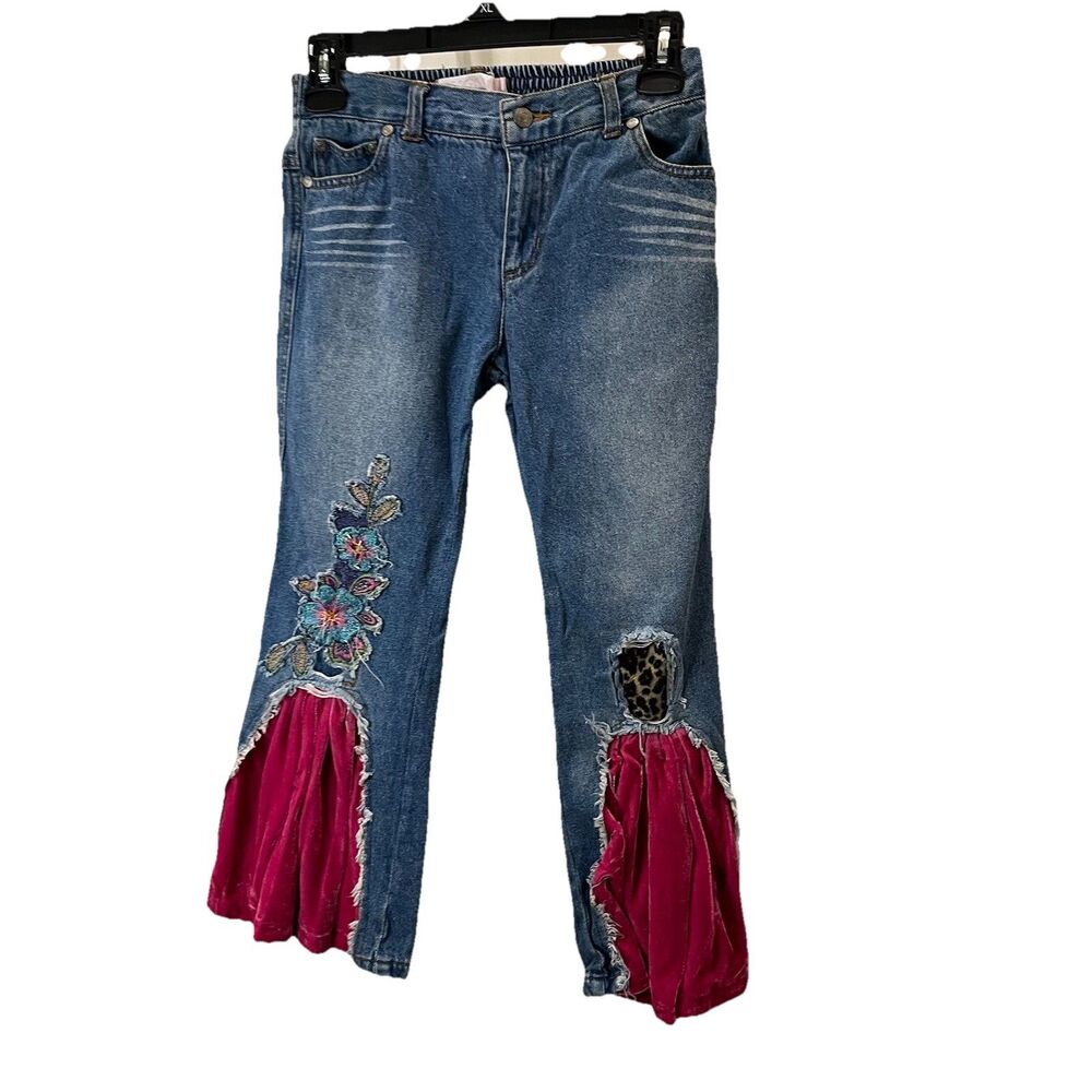 Greggy Girl Flare Wide Leg Boutique Embroidered Pink Velvet Jeans Girls Size 7